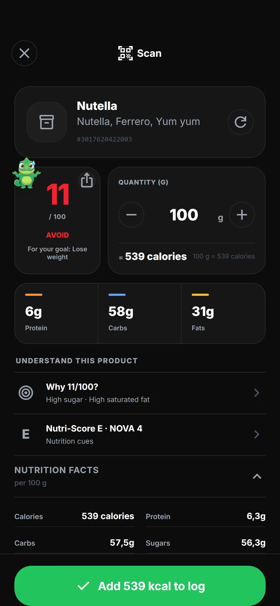 Ecrã real do scan ZymFit: produto com nota 11 em 100 para o objetivo de perda de peso