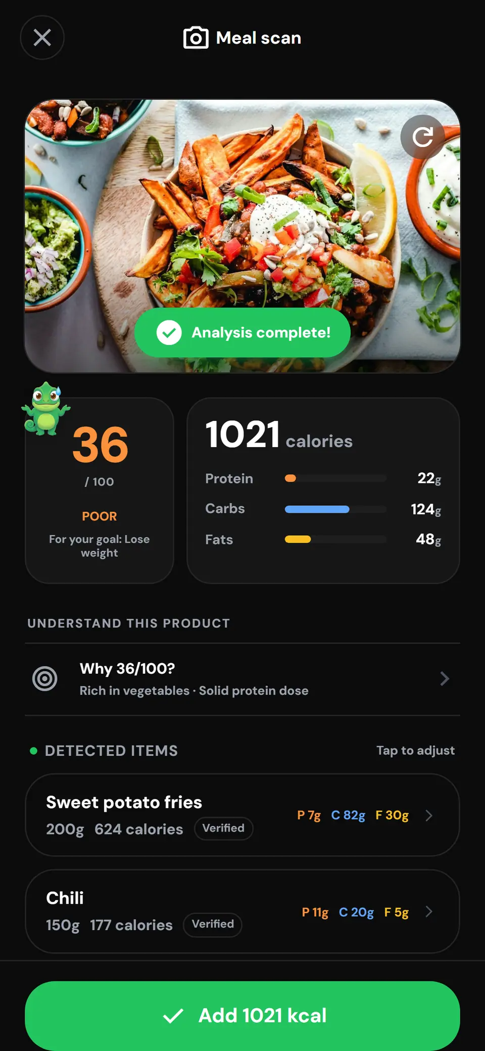 ZymFit photo analysis: foods on the plate recognized by AI, detailed calories and macros, and a score out of 100 for your goal