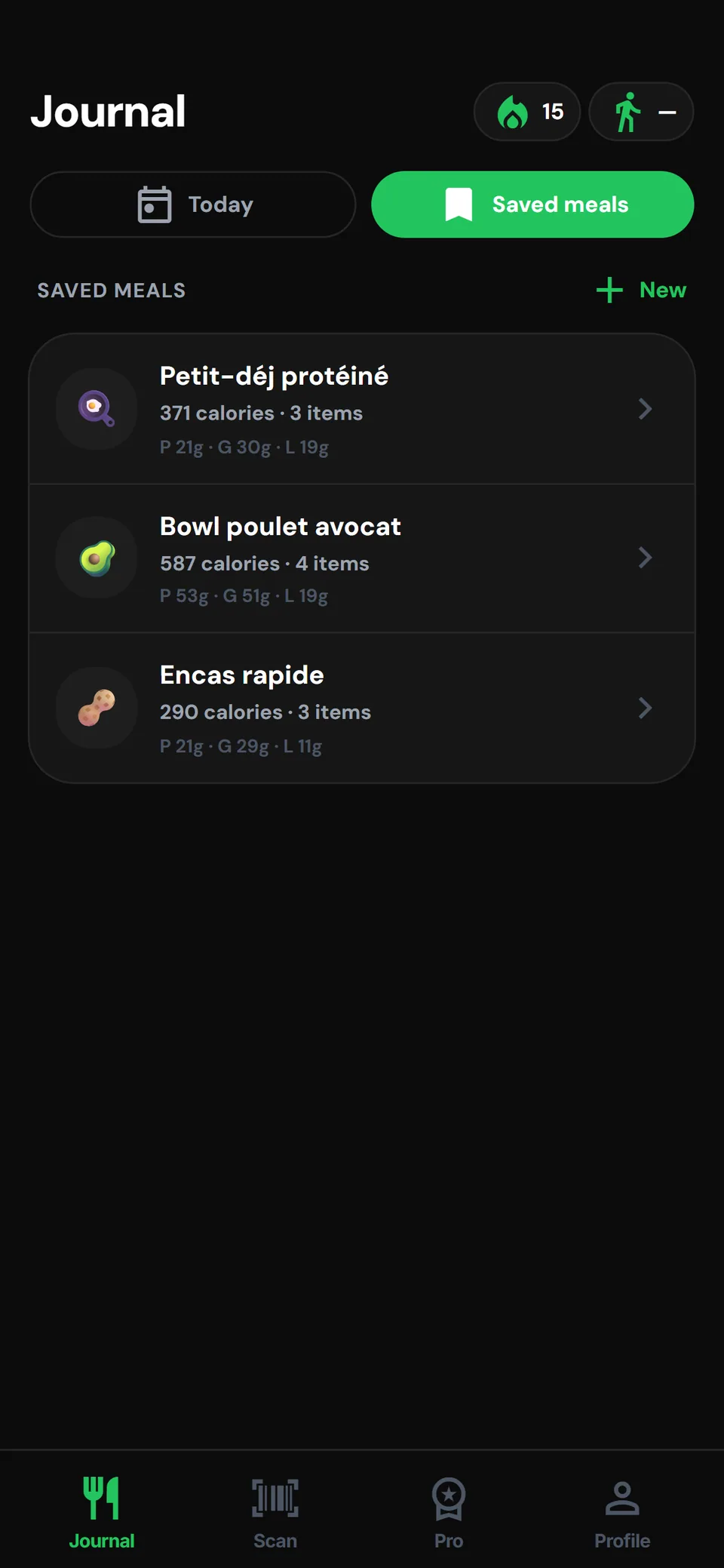 ZymFit saved meals screen: your usual dishes re-added in one tap