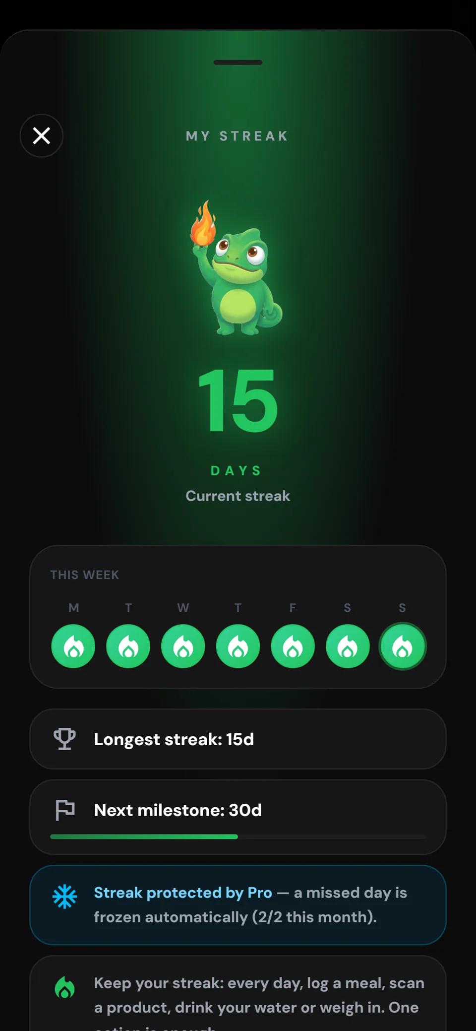 ZymFit streak: a 15-day flame, a full week on the calendar and a streak protected by the Pro freeze