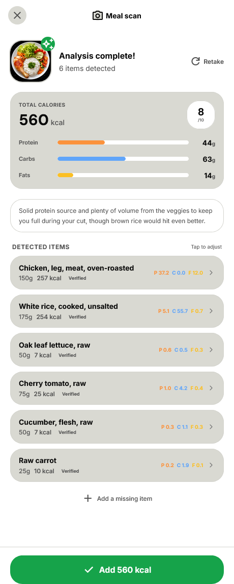 Photo → AI → validated macros in 2 steps