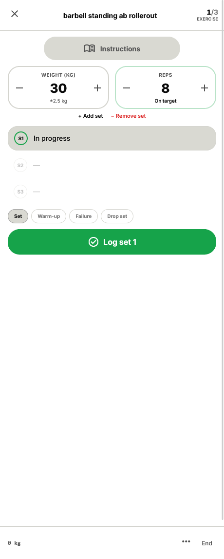 Guided session — sets, rest, load suggestion